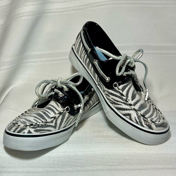 Sperry Top Sider Black White Zebra Stripe Sequins Sz 7.5 EUC Boat Shoes Sneakers - Picture 1 of 11